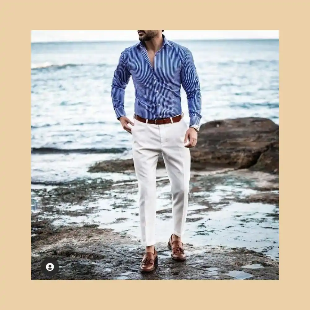 Blue Striped Shirt with White Pant 